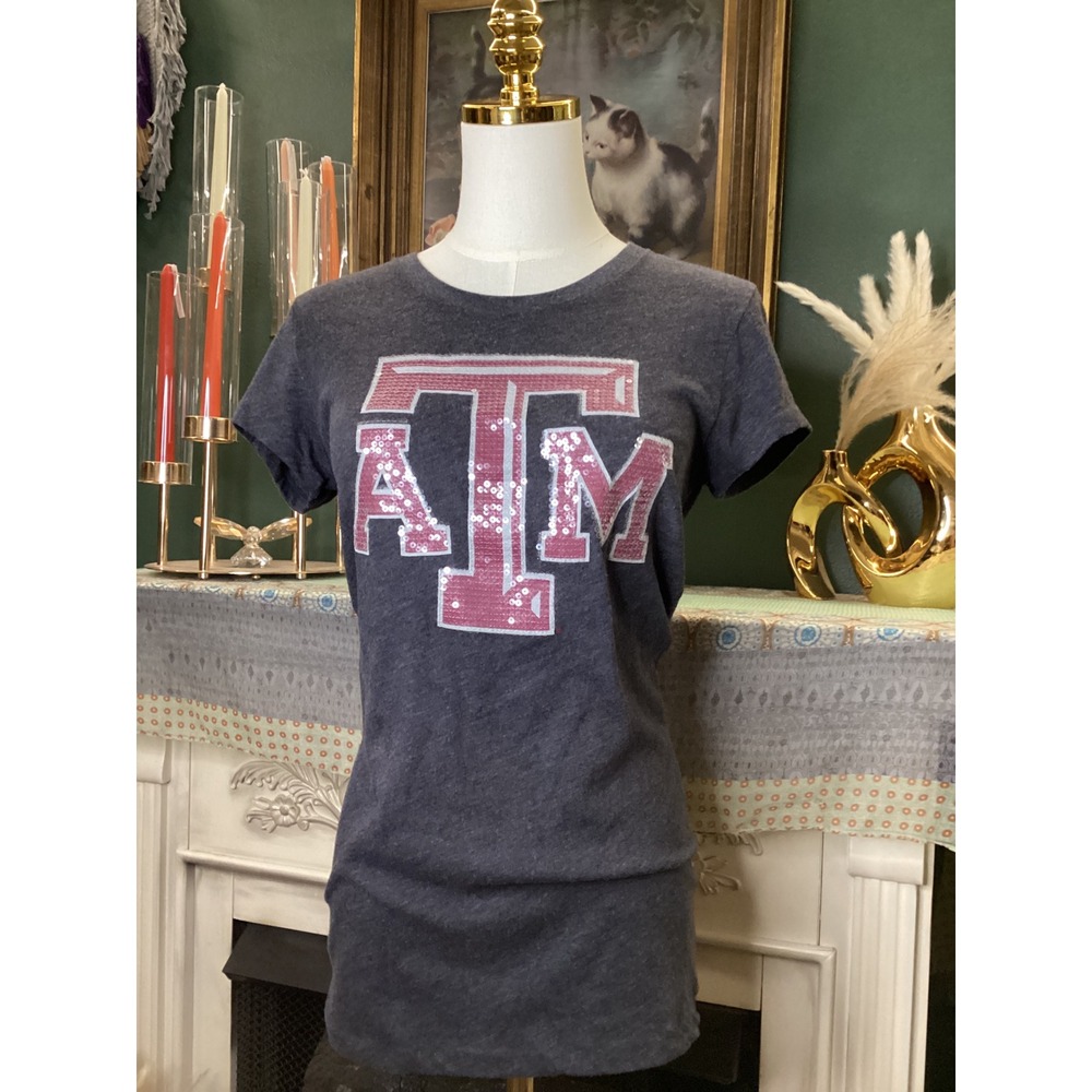Victoria's Secret PINK Texas A&M Aggies Sequin Logo Tee Gray Maroon Medium
